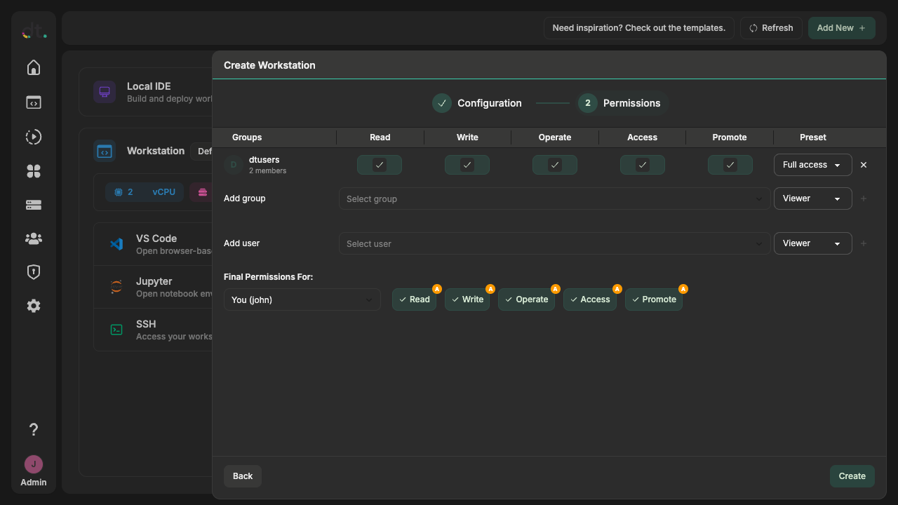 Create Workstation — Permissions